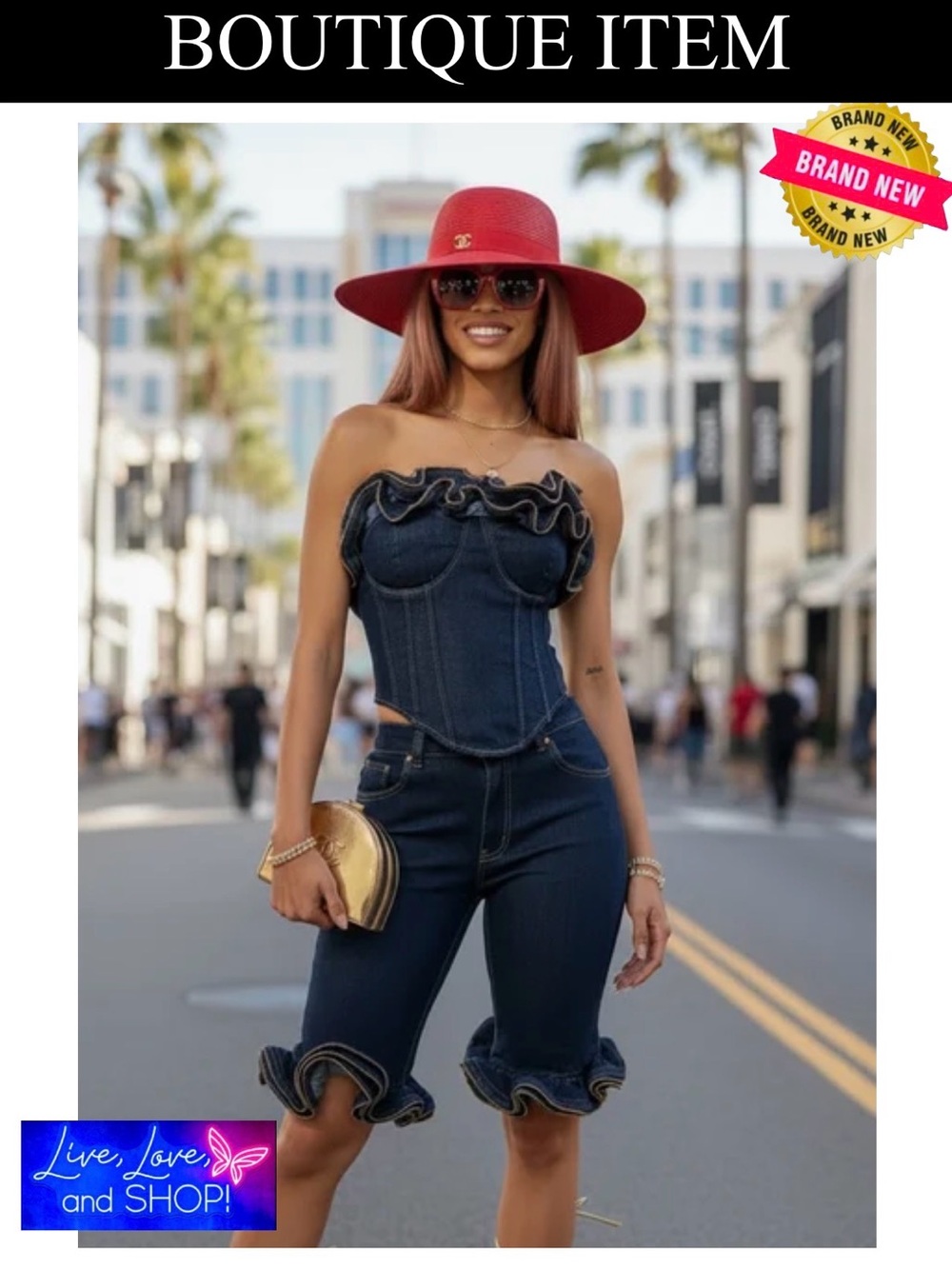 TWO PIECE SHORT SET: Dark Blue Wavy Ruffle Denim w/Zipper Fringe, NIP